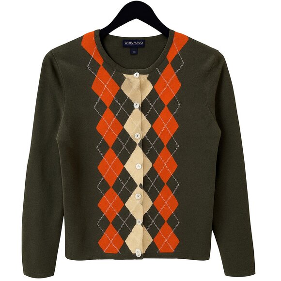 Lands’ End 100% Cashmere Argyle Cardigan Olive Orange Cream Sz S - Picture 1 of 8